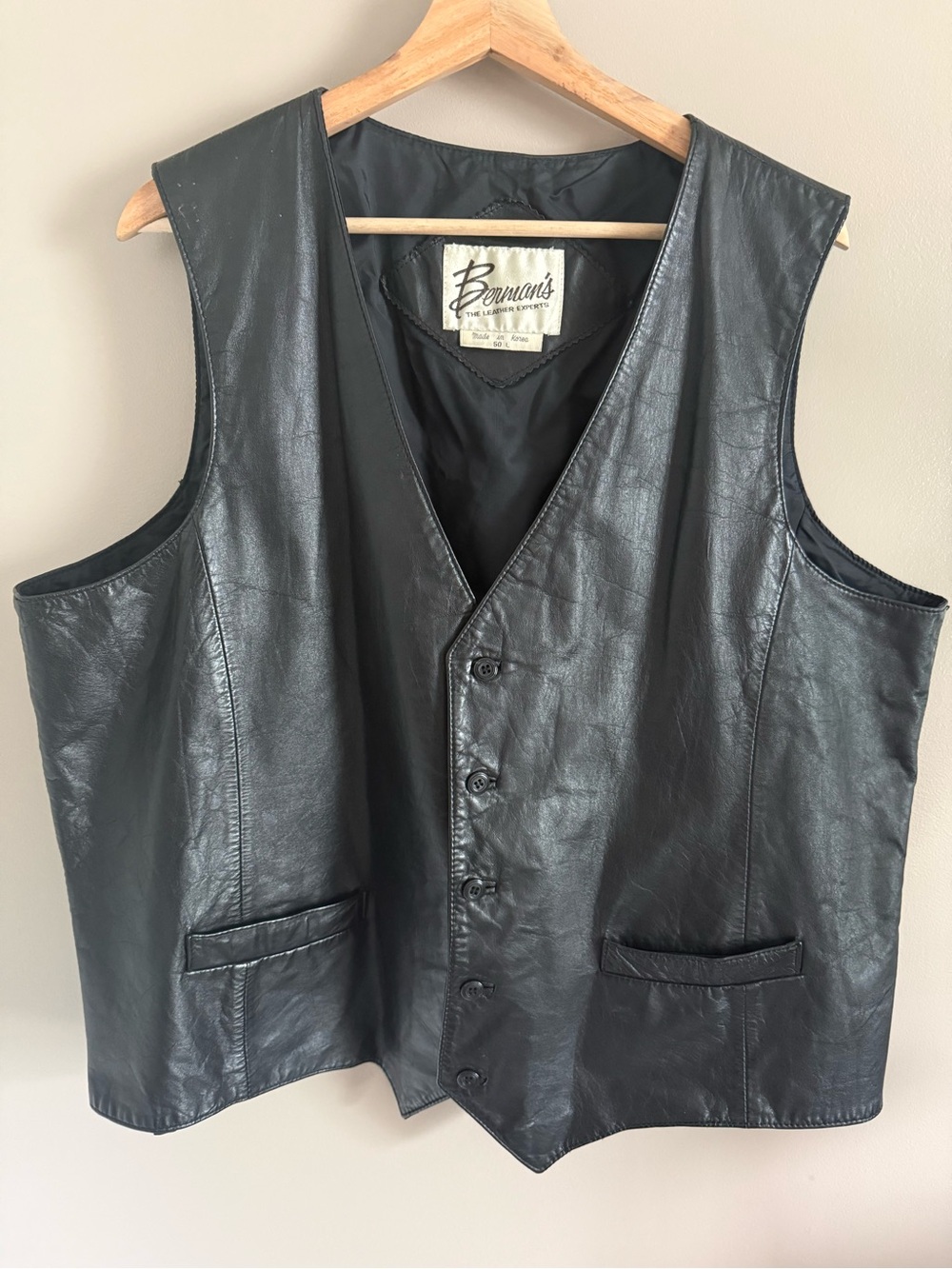 Vintage Berman's Black Leather Vest Button Biker Western Motorcycle Men's 50L